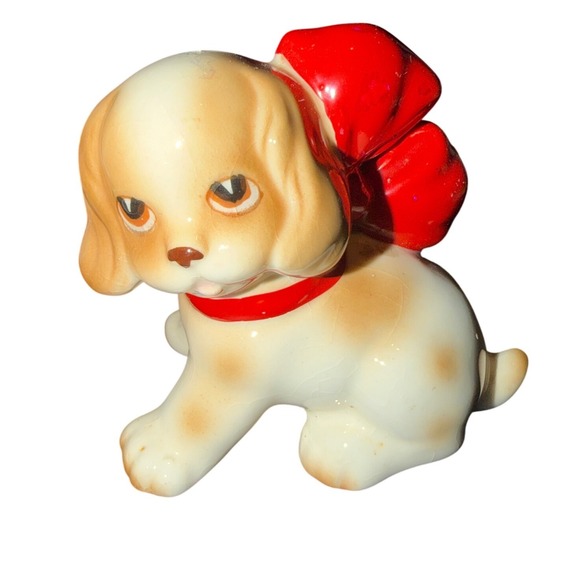 Other - Japan Ceramic Puppy Figurine Small White Tan Red Bow Vintage Kitsch Decor